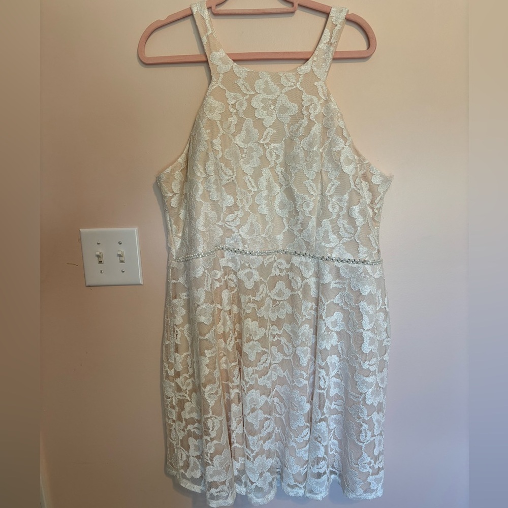 David’s bridal short formal halter dress plus size homecoming prom lace pearl